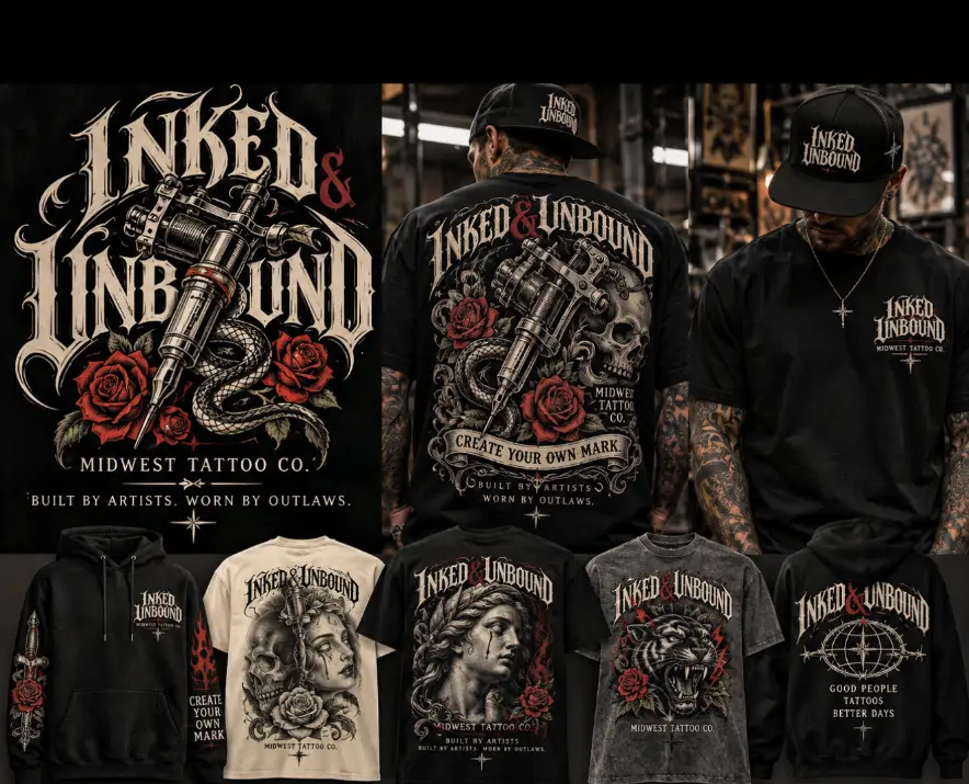 Inked Unbound tattoo-inspired shirts, hoodies, and caps